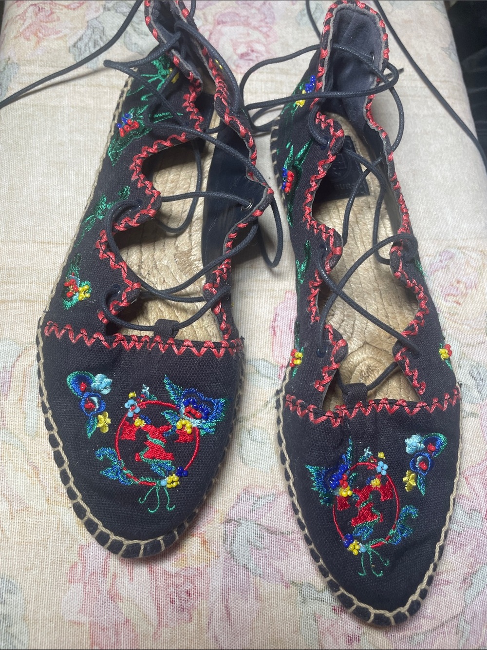 Tory Burch Black Embroidered Lace-Up Flats with Multicolor Floral Accents